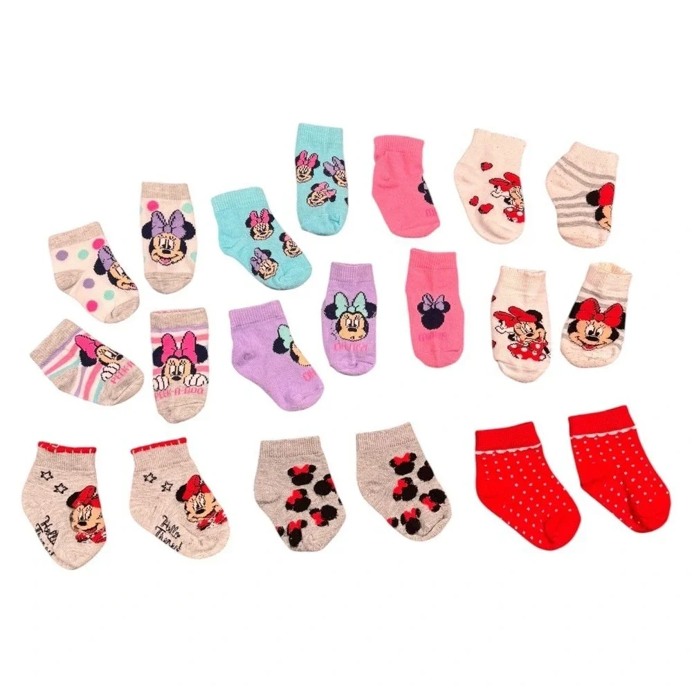 Disney Minnie Mouse Baby Socks 9 Pair Bundle Toddler Girl Cotton‎ Rich Cute 590
